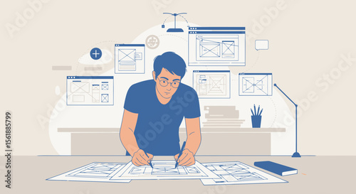Creative Graphic Designer Developing Website Wireframe at the Desk Workplace