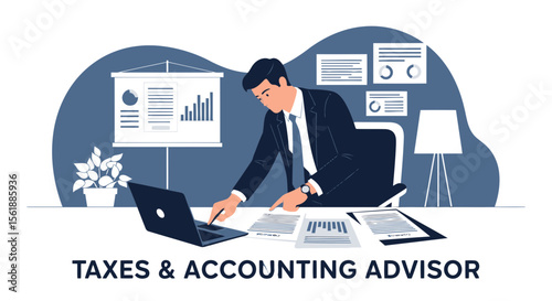 Professional Accountant Analyzing Financial Data At Workplace Flat Illustration