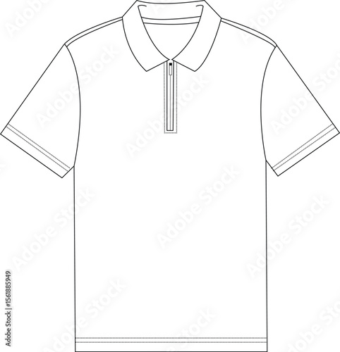 Zip Polo Shirt Front View | Technical Fashion Illustration | Flat Apparel Template CAD | Short Sleeve Polo Design