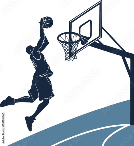 Basketball player slam dunking the ball into hoop – dynamic sports action vector illustration