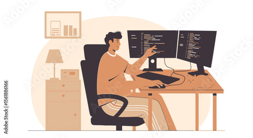 Modern Workspace Illustration Of Software Developer Working On Multiple Computer Screens