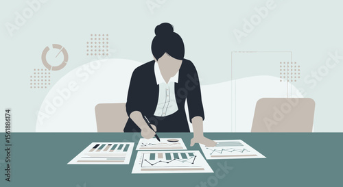 Professional Woman Analyzes Business Data With Graphs Charts And Reports