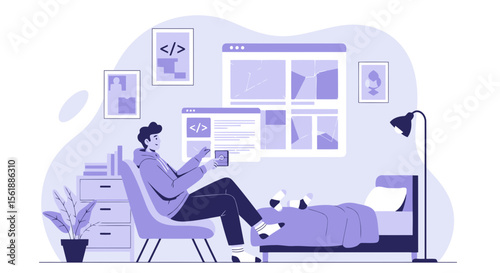 Relaxed Coder Working From Home With Multiple Screens And Mobile Application