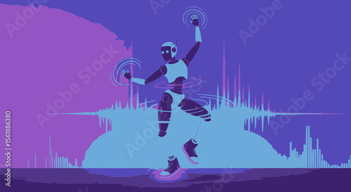 Dancing Android Performing Freestyle Moves In A Digital World Futuristic Concept