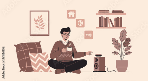 Relaxing At Home With Smart Speaker, Cozy Vector Illustration Home Automation System