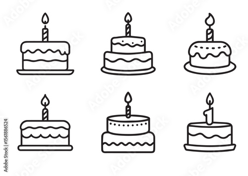 Birthday cake with candle line art vector, Birthday cake icon Set