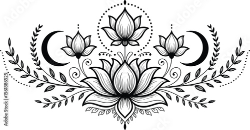 Lotus Mandala Moon Design, Boho Floral Line Art Clipart Vector.