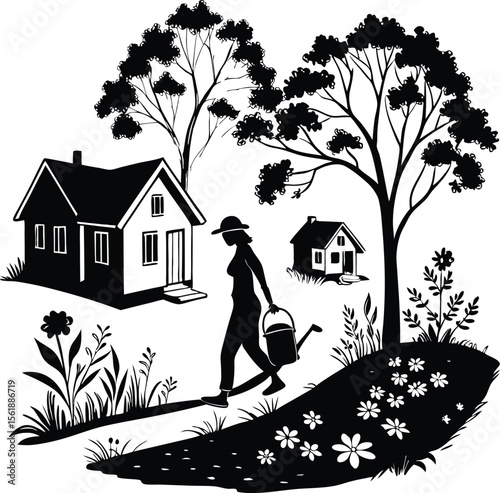 Silhouette of woman watering garden near countryside house with trees, flowers, and birds – peaceful rural life vector illustration