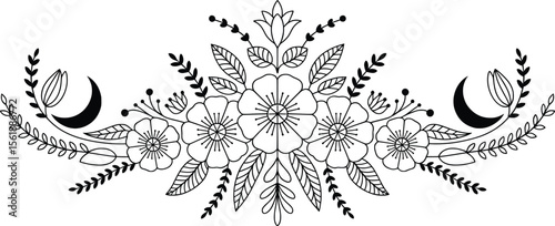 Boho Floral Crescent Moon Clipart, Botanical Mandala Line Art Design.

