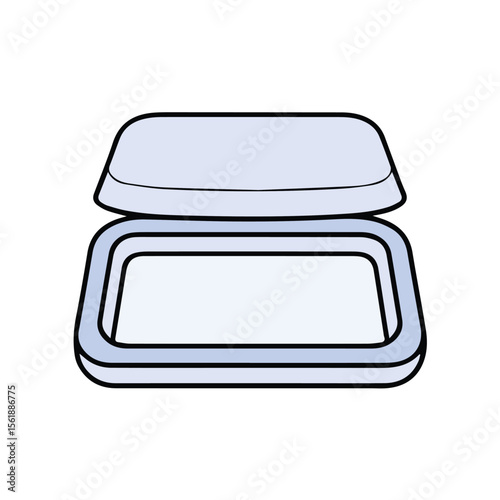 Lidded food container with light-purple hue in an open state. Empty disposable container with a lid for food or sanitary supplies on a white background.