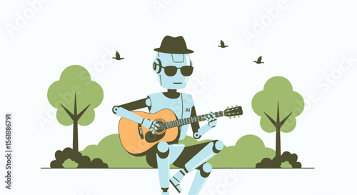 Robot Playing Guitar In Park Scene Illustrating Future Lifestyle Concept