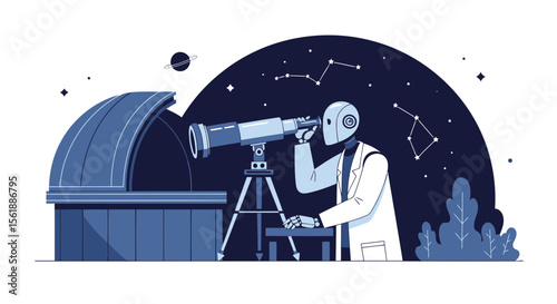 Robot Scientist Observing Stars In Observatory, Artificial Intelligence Concept