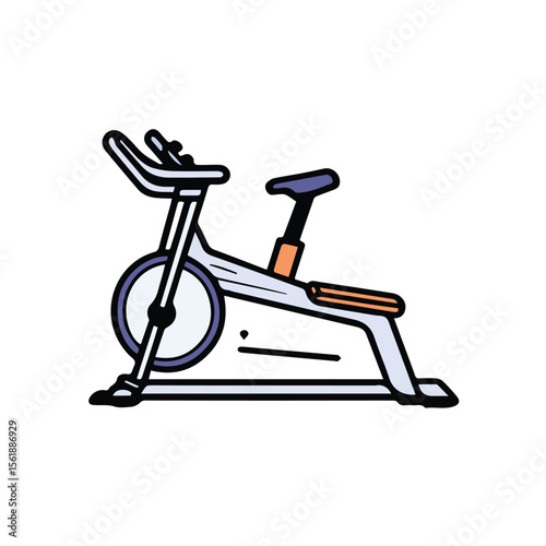 Spinning bike illustration in gym setting. Stationary bicycle in profile view with detailed features. Fitness equipment for gym -