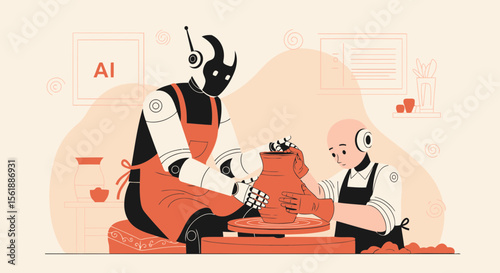 Robotic Collaboration Artificial Intelligence Creates Clay Art Pottery Together