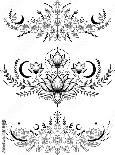Boho Floral Moon Clipart Bundle, Lotus Mandala Botanical Line Art Set.