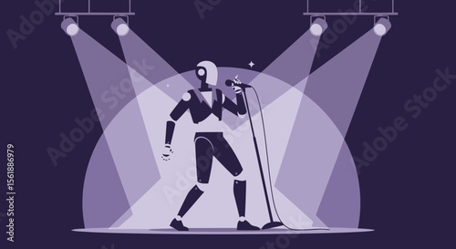 Robotic Entertainer Performs On Stage Under Spotlight In Minimalist Setting