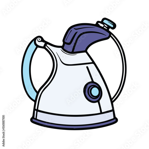 Modern electric kettle illustration in a light gray/lavender color scheme. Stylized outline drawing of a kettle with dark blue accents, positioned against a white background.