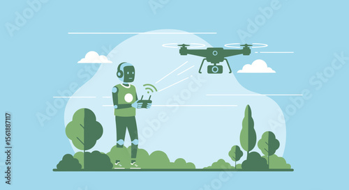 Robotic Pilot Operating a Drone in a Green Field of Trees With Blue Sky