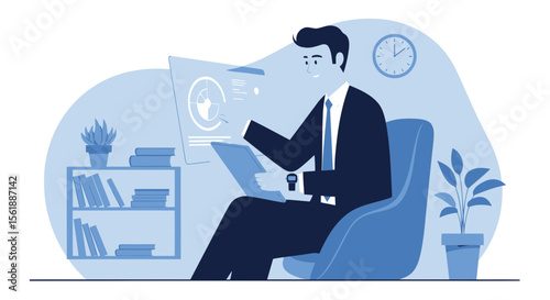 Professional Man Analyzing Data On Transparent Screen In Relaxed Environment