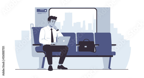 Professional Man Working on Laptop During Train Commute in the City
