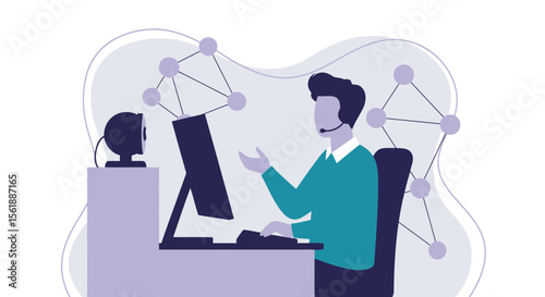 Professional Man Communicating Online While Working From Home Office Setup