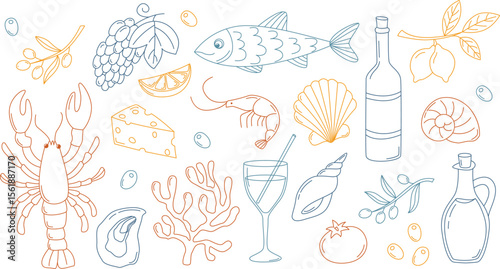 Hand drawn italian summer set of various food and drinks in doodle style. Mediterranean vacation collection with lemons, tomato, seashells, lobster, wine, shrimp, olives, corals, grapes, cocktail