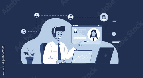 Professional Online Meeting With Headset Man And Team Communication
