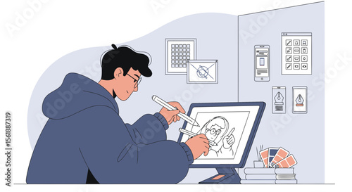 Digital Artist Creates a Modern Illustration Using a Graphics Tablet At Home