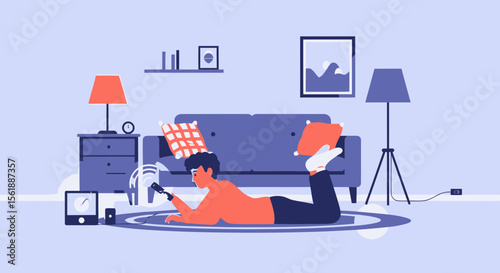 Relaxed Man Using Smartphone In Living Room Cozy Home Illustration