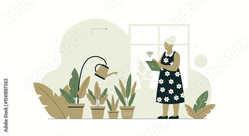 Senior Woman Using Tablet To Manage Her Indoor Plants With Watering Can