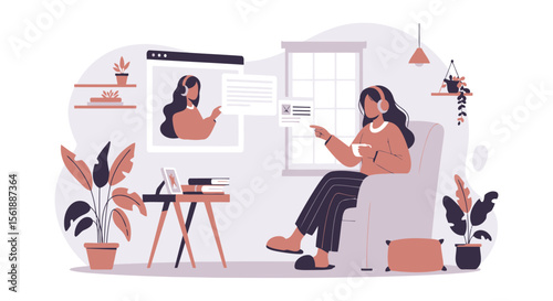 Relaxing Home Environment With Woman Video Conferencing And Enjoying Refreshments