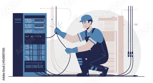 Skilled Technician Connecting Server Cables In Data Center For Network Optimization