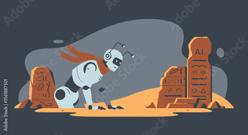Robot Explorer Discovers Ancient Ruins In The Desert Futuristic Archaeological Expedition