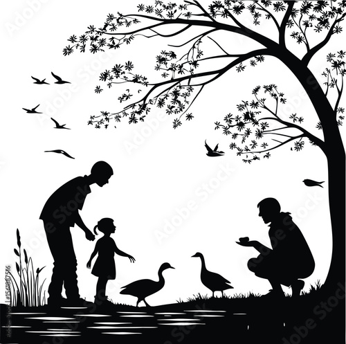 Family feeding ducks under tree near lake – nature outing and bonding silhouette vector illustration