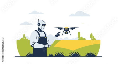 Robot Farmer Overseeing A Drone With A Agricultural Field Future