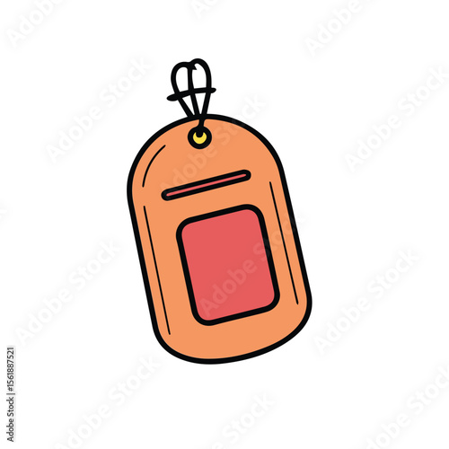 Orange tag with a red rectangle, simple outline design. Isolated, graphic design element. Generic tag, no specific location or demographic -