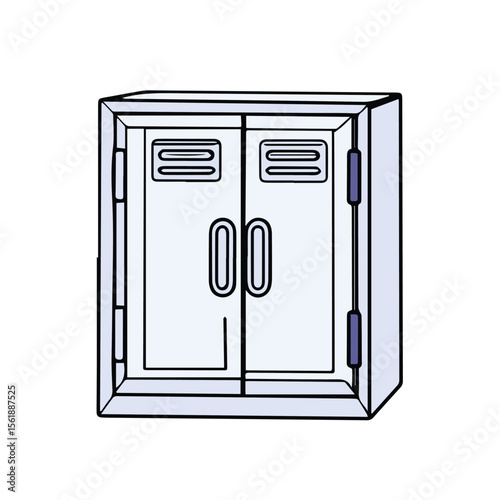 Light-gray locker with double doors and ventilation slots. Simple, stylized design for use in educational setting. School student locker in a classroom.