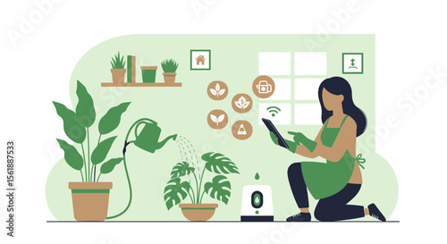 Smart Gardening Woman Using Tablet For Plants Care And Watering Technology