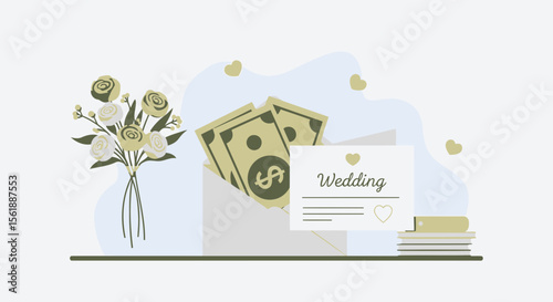 Elegant Wedding Gift Giving Illustration Featuring Envelope With Cash And Flowers