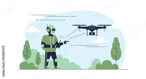Robot Operating Drone in Park Illustration with Green Trees and Blue Sky