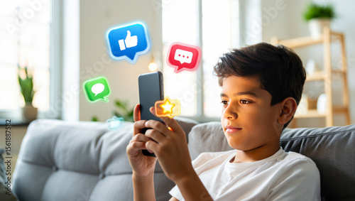 Boy using social media, holding smart phone with icons of like, comment, star over it. schoolboy playing on smart phone. children's cybersecurity, social media addiction, communication