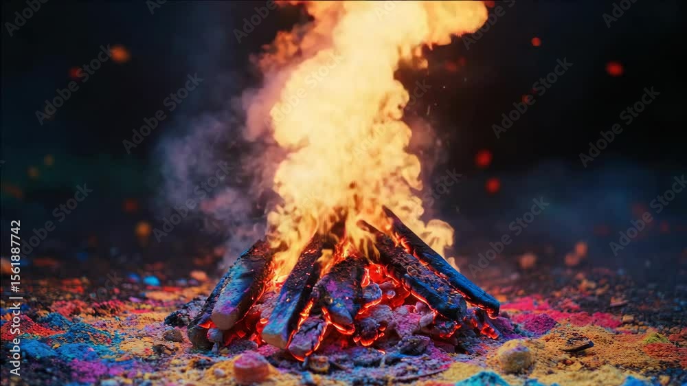 Nighttime bonfire in a wooded area. The fire is surrounded by colorful sparkles and emits a warm glow.