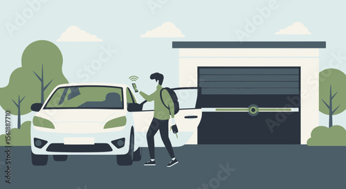 Smart Home Integration Man Uses Phone To Control Car And Garage Door