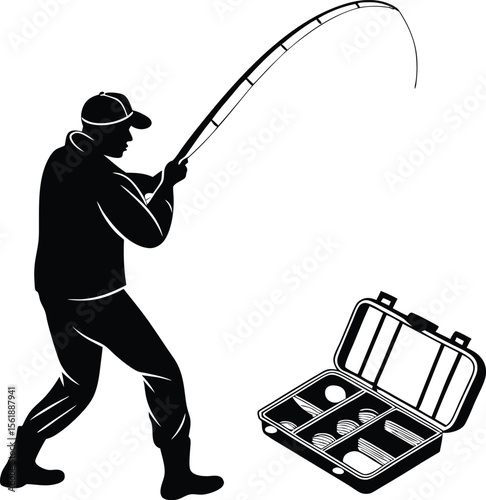 Silhouette of fisherman with fishing rod and tackle box vector illustration for angling and outdoor sport design