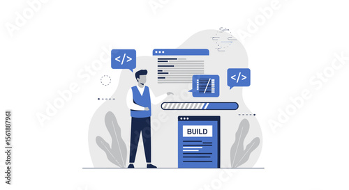 Software Development Progress Illustration With A Programmer And Code Elements