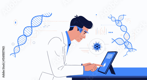 Scientist Analyzing Viral Dna Structure On Digital Tablet For Medical Breakthrough