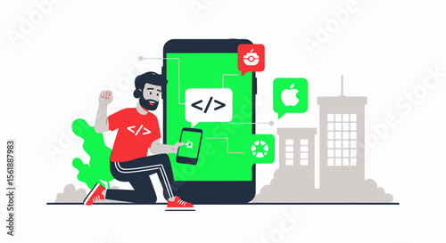 Enthusiastic Developer Celebrating Successful Mobile App Launch in Urban Setting