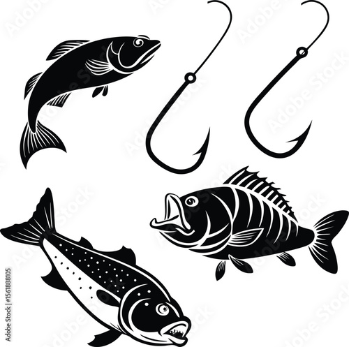 Fishing lure vector set with realistic bait fish and treble hooks illustration