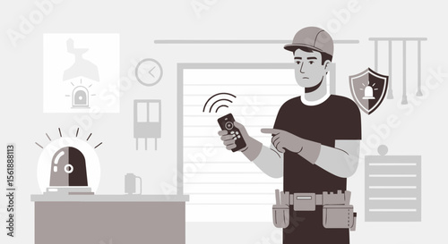Expert Technician Configuring Automated Security Systems With Wireless Remote
