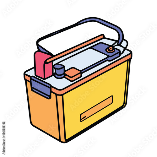 Car battery illustration in a vibrant, cartoonish style. Battery container is depicted in an isometric view with color-coded components and a simple outline style.